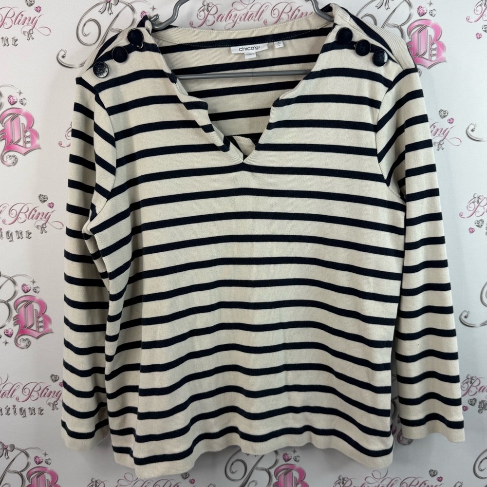 Chico's pull over shirt buttons, navy Black and White Striped Long Sleeve Top
